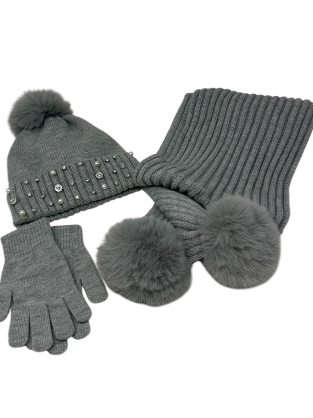 3 Piece Cozy Gray Pom Pom Hat, Scarf & Glove Set with Rhinestone Detail